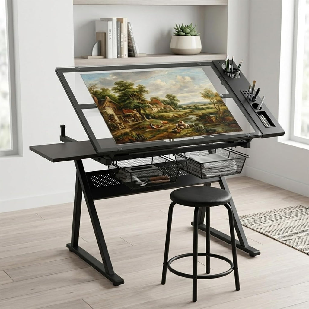 Adjustable Drafting Table, Tiltable Art Drawing Desk with 2 Storage Drawers & Stool, Multi-Functional Art Workstation for Artist Painting Craft Reading Writing (Black-B)