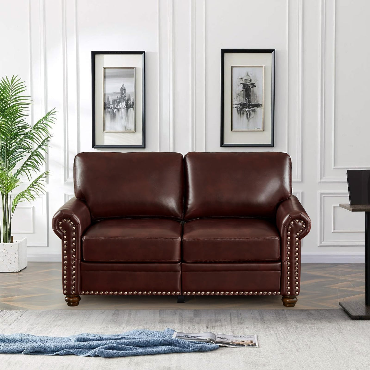 2 Piece Faux Leather Sofa Set,Modern Couch and Loveseat Sets with Storage,Mid Century Couch with Rivet Rolled Arm,Comfy Deep Seat Sofa,Furniture for Living Room,Office(Loveseat+3 Seater,Navy)