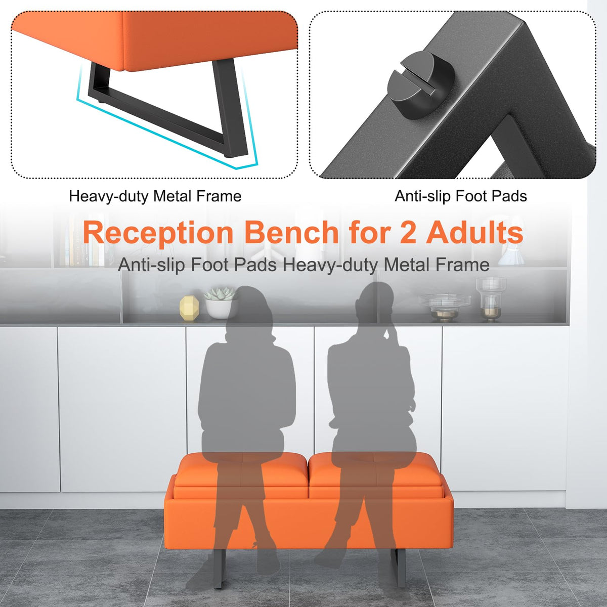 MOTION Leather Bench Waiting Room Chairs - 3 Seat Office Guest Reception Bench with Cushion, Waiting Room Bench Seating, Office Furniture Lobby Chairs for Salon, Shop, Set of 2, Orange