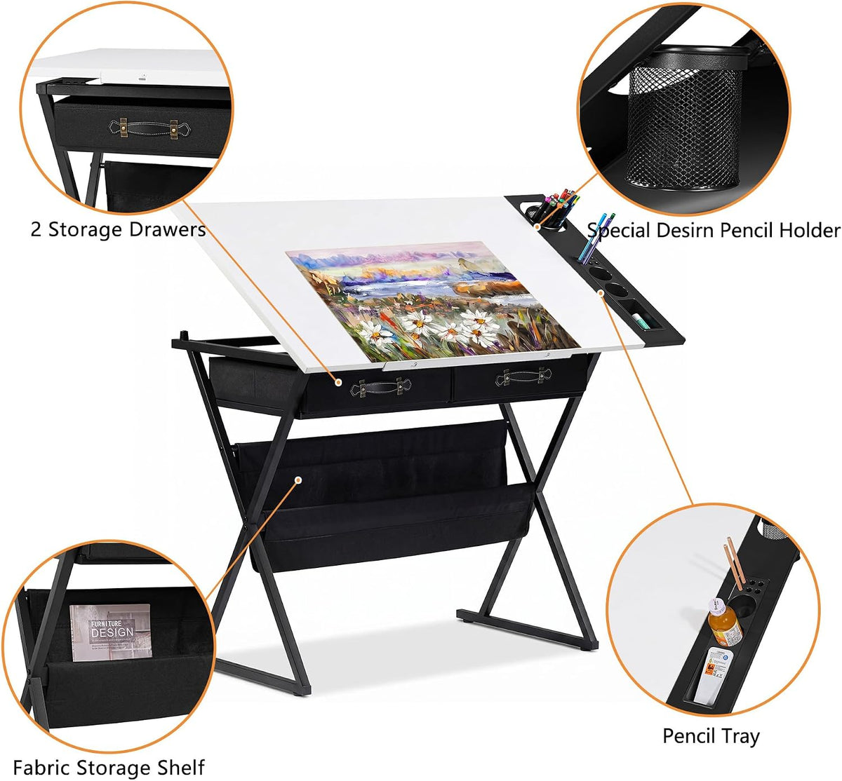 VECELO Drafting Table Art Desk Art Table Adjustable Drawing Table Tilted Tabletop with 2 Storage Drawers and Stool, Drawing Desk for Artist Painters Drawing, Crafting, Reading, Writing, White