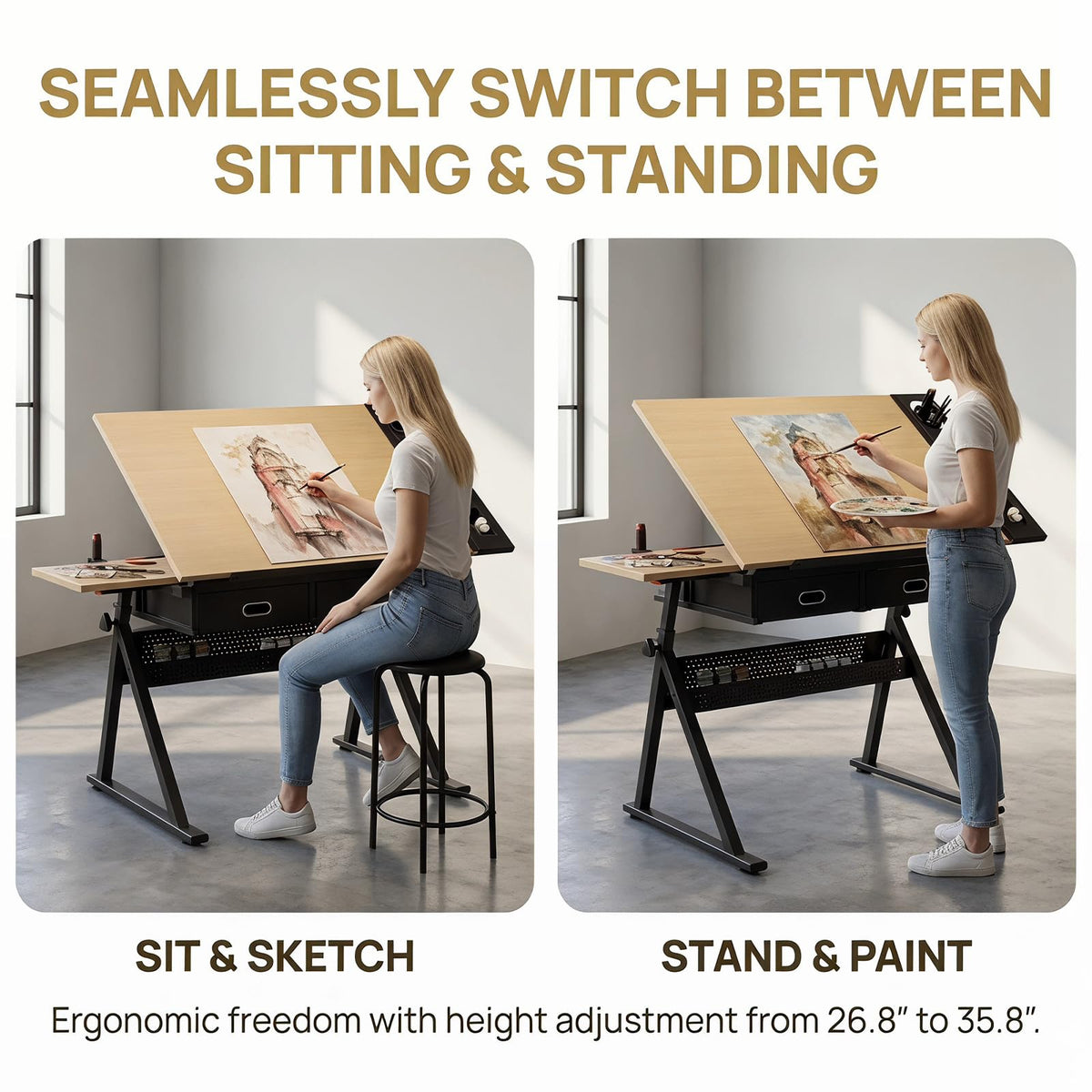 Height Adjustable Drafting Table w/Stool, Painting Table Art Craft Desk Crafting Drawing Desk with Tilting Tabletop, 2 Storage Drawers for Artist Painters (Rustic Brown)
