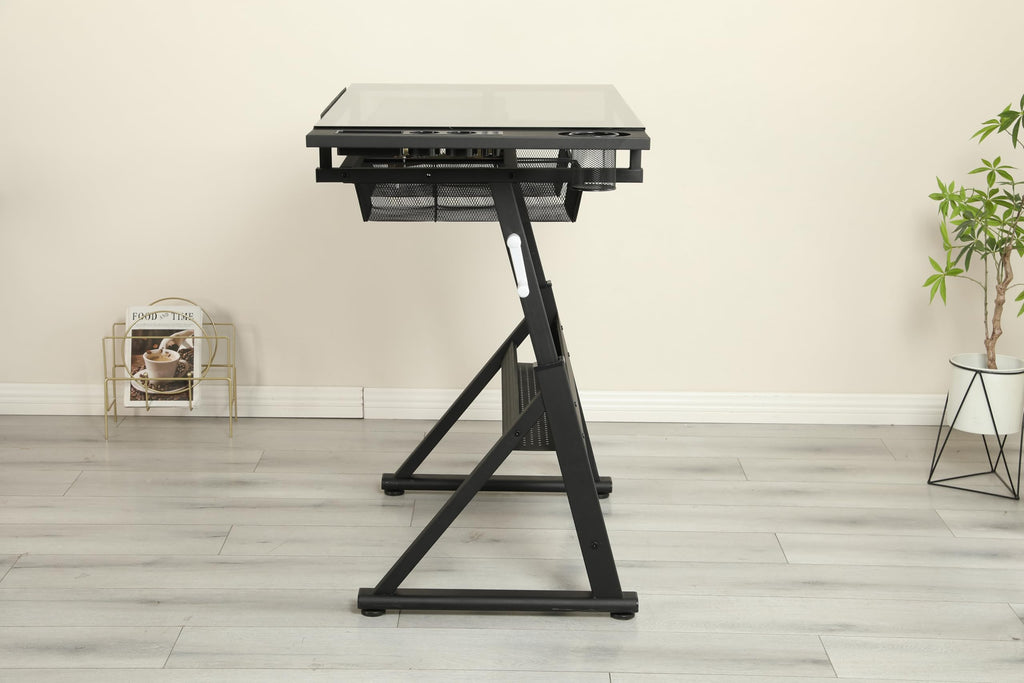 Adjustable Drawing Table for Artists | Drafting Desk with Tilted Glass Top | Art & Craft Table for Adults (Black, Classic Pro-27.16''- 35.82'' H)