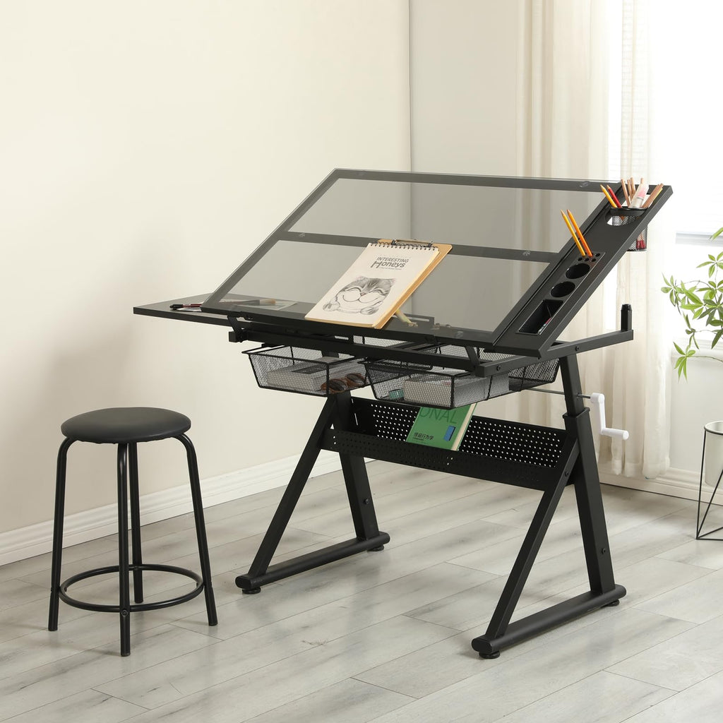 Drafting Table, Height Adjustable Art Tabe with Stool, Black