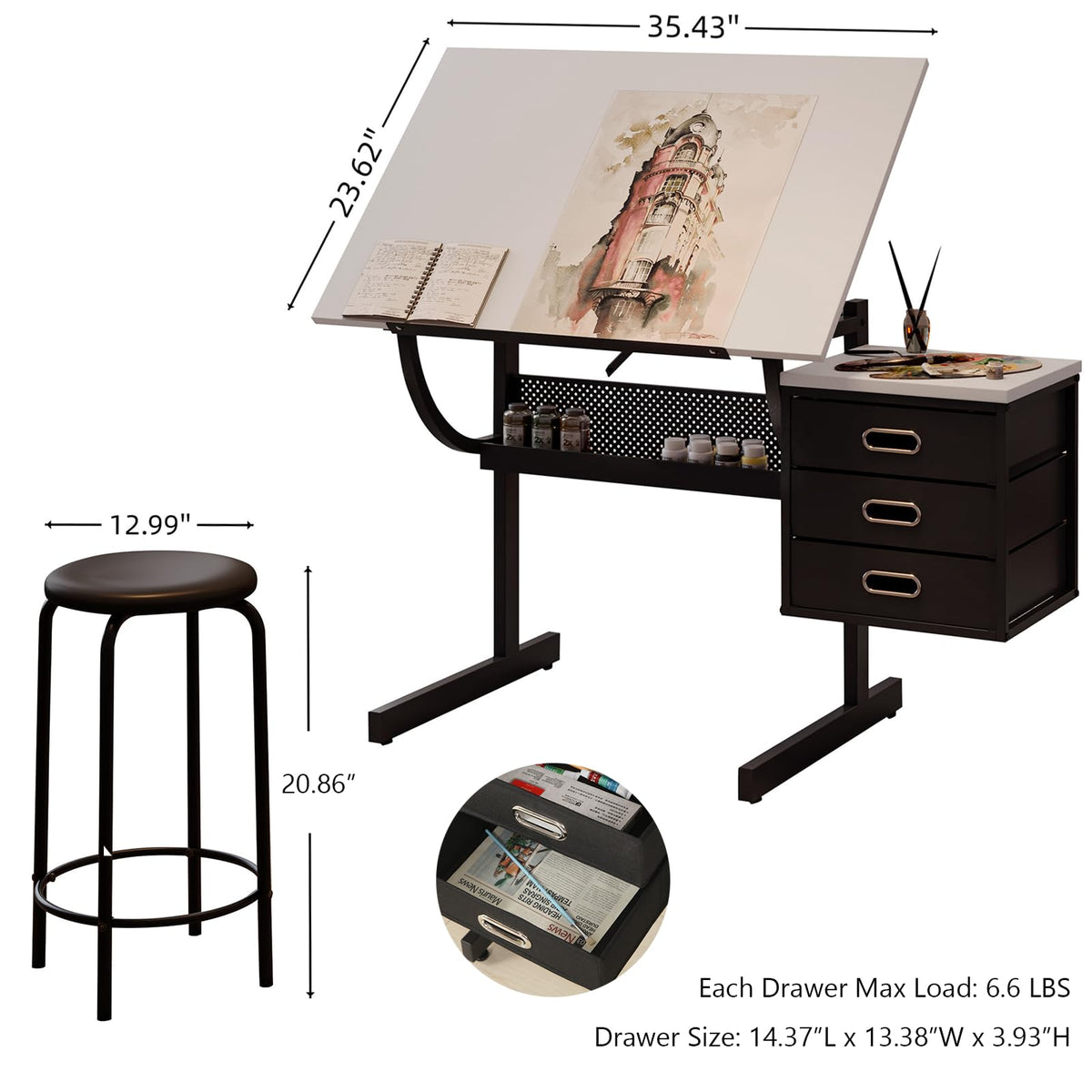Height Adjustable Tilt Drafting Table with 2 Storage Drawers & Stool Brown