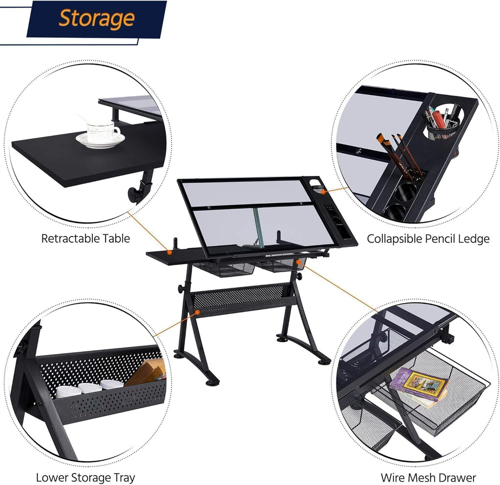 GarveeHome Drafting Table w/Stool, Height Adjustable Multifunctional Art Craft Artists Desk Tilting Glass Tabletop Diamond Paintings Work Station w/2 Storage Drawers for Home Office (Black-1)