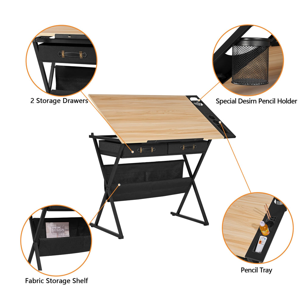 VECELO Drafting Table Art Desk Art Table Adjustable Drawing Table Tilted Tabletop with 2 Storage Drawers and Stool, Drawing Desk for Artist Painters Drawing, Crafting, Reading, Writing, White