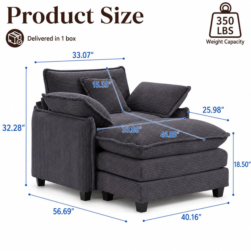 Oversized Chair with Ottoman, Corduroy Reading Chair with Footrest, Comfy Accent Armchair for Living Room Bedroom, Single Sofa Lounge Chair, 350 lbs (Orange)