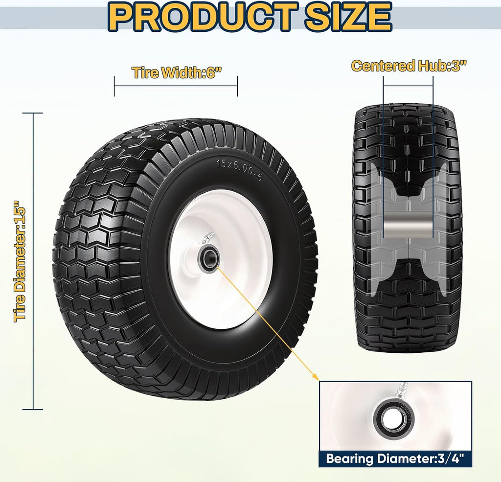 15x6.00-6 Flat Free Lawn Mower Tire and Wheel, 15x6-6 Front Tire Assembly