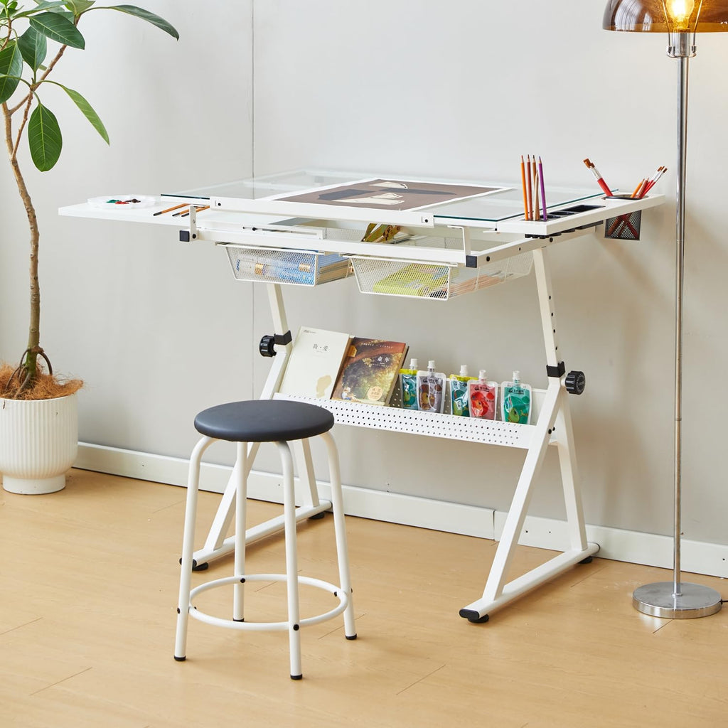 Drafting Table, Height Adjustable Art Tabe with Stool, Black