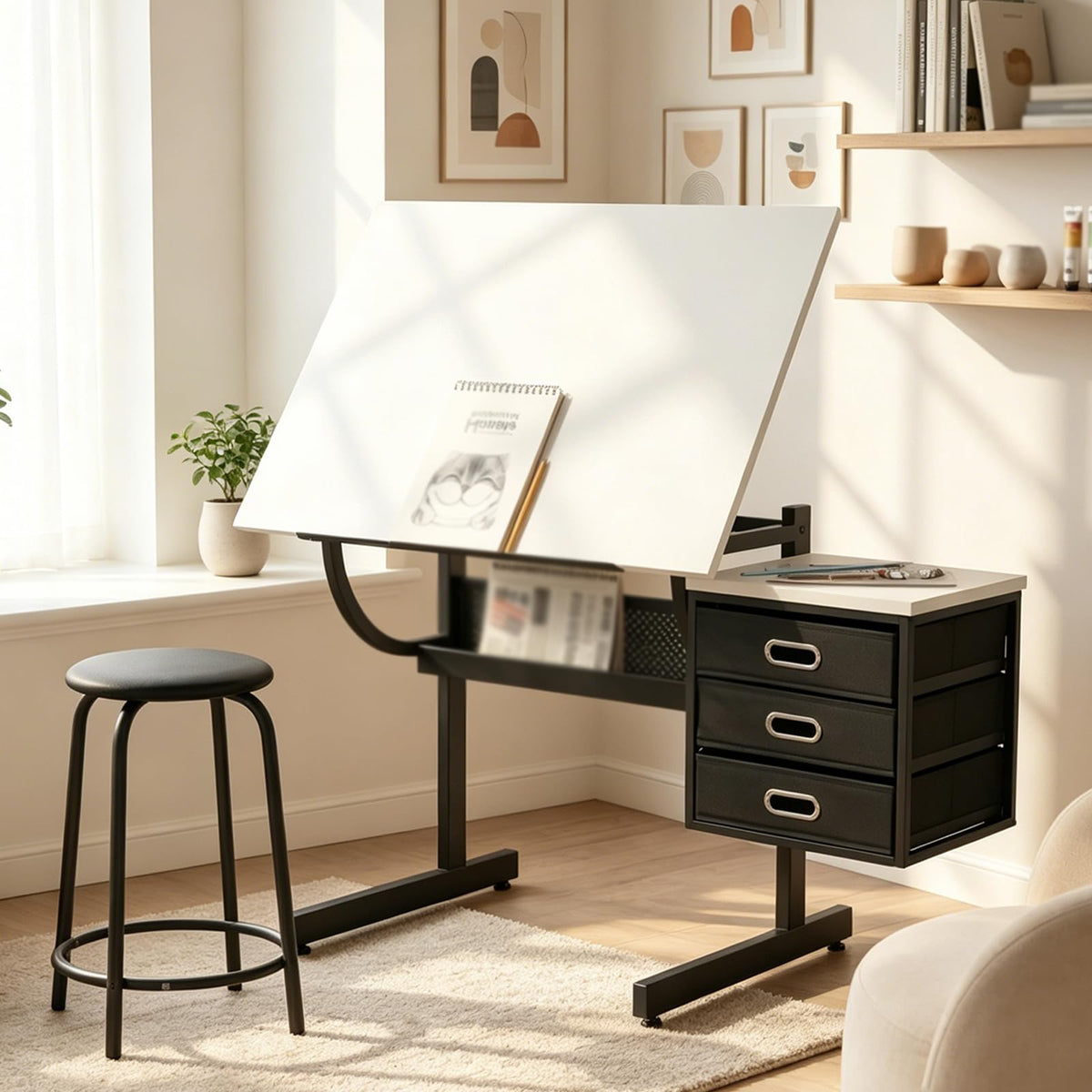 Adjustable Drawing Table with 3 Drawers and Stool, Black