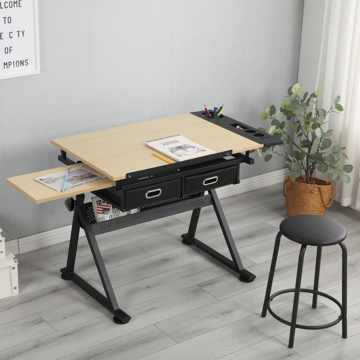 Drafting Table, Height Adjustable Art Table with Stool,T1-All White