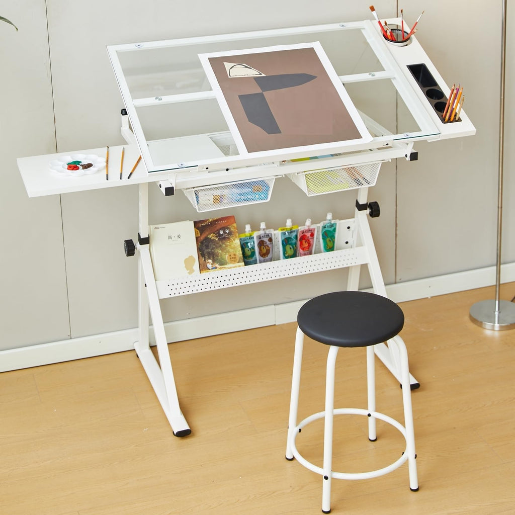 Drafting Table w/Stool, Height Adjustable Multifunctional Drawing Table