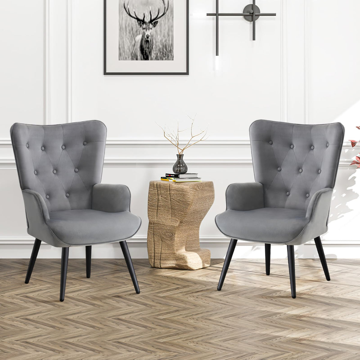 Furniliving PU Leather Accent Chair for Living Room, Upholstered Reading Chair with High Backrest, Tufted-Button Wingback Armchair for Bedroom, Dressing Room, Home Office, Brown, Set of 2