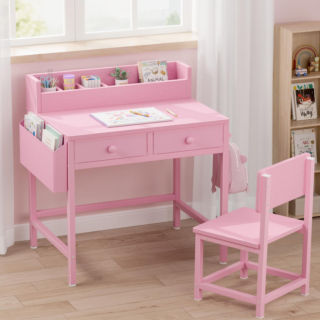 BOLUO White Kids Desk and Chair Set for 5-8 Year Old, Small Child Desk with Fabric Drawer, Children Study Table with Storage Toddler Girls Boys