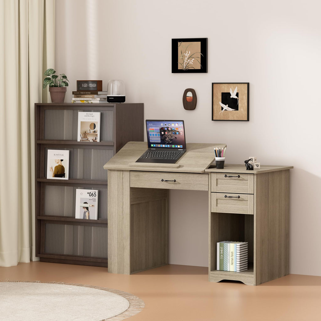 Drafting Table with Storage Cabinet & Drawers, Adjustable Drawing Table with Open Shelves, Craft Art Desk for Artists, Painters, Drawing, Crafting, Reading, Writing, Working