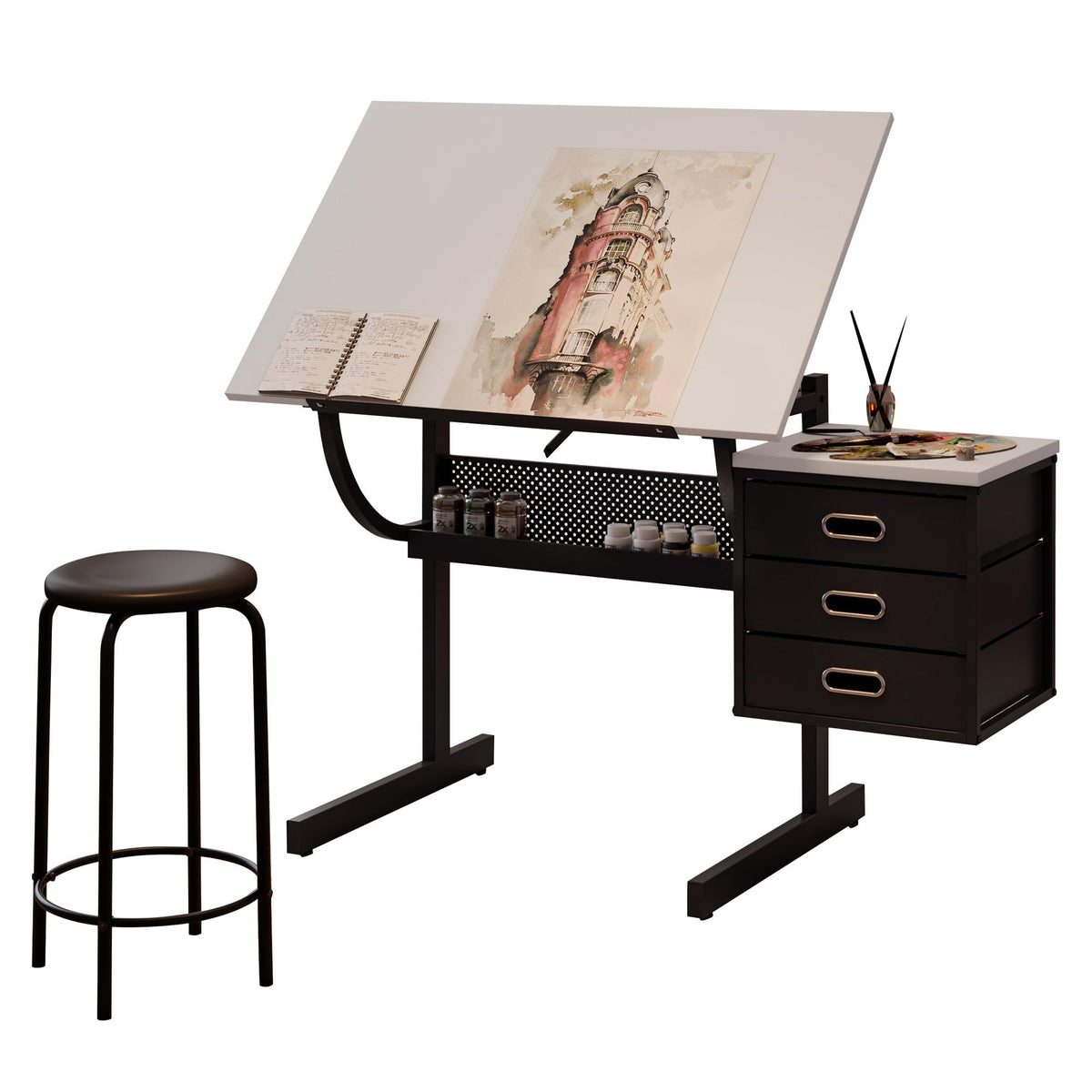 Height Adjustable Drafting Art Table for Adults, White Tempered Glass Drafting Drawing Printing Table Desk with Stool, 0-75Â° Tilting Tabletop Art Drawing Table for Drawing,Hand Crank