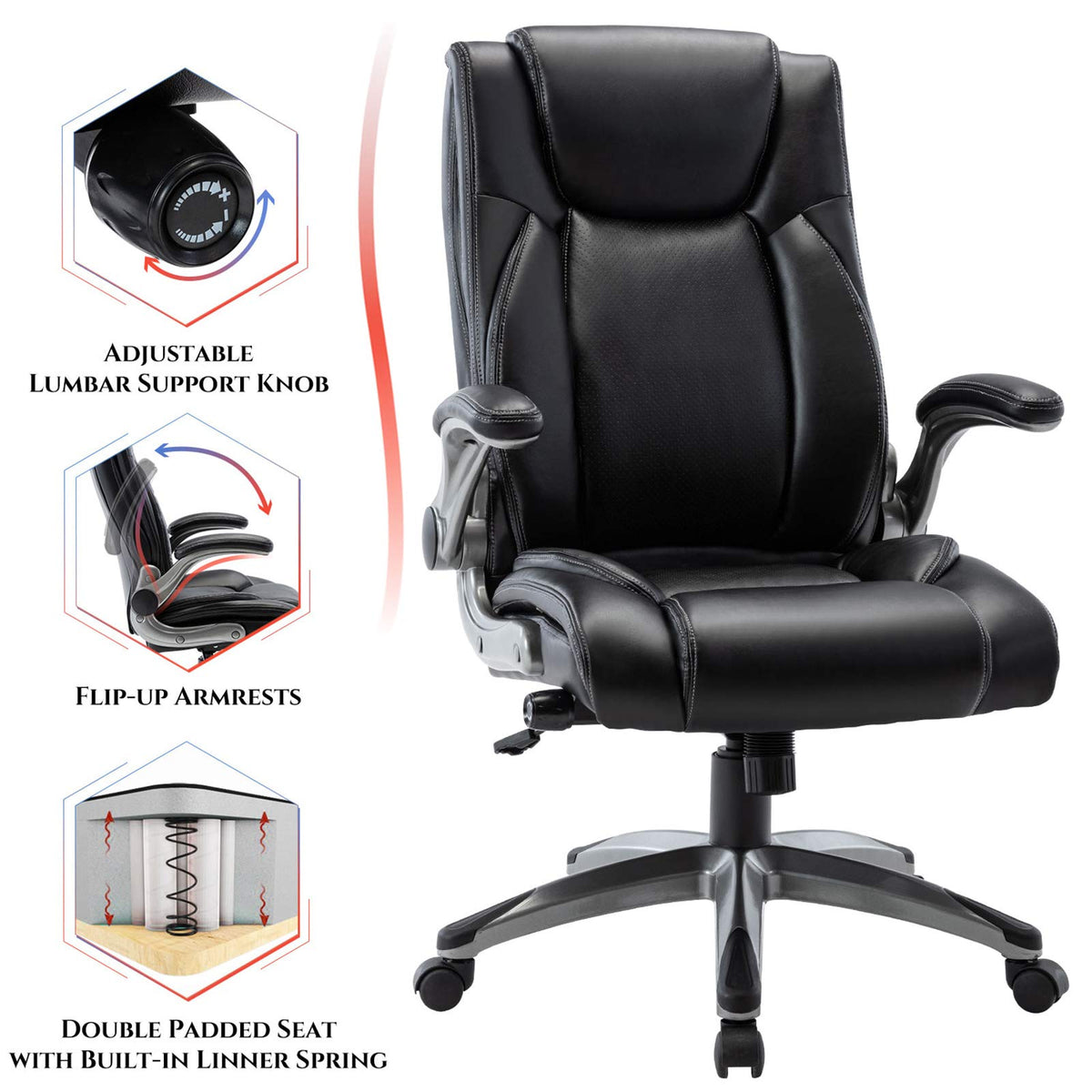 COLAMY High Back Executive Office Chairs, Ergonomic PU Leather Desk Chairs with Flip-Up Armrests, Adjustable Height, Lumbar Support, Comfortable Computer Chairs for Home Office, Set of 2