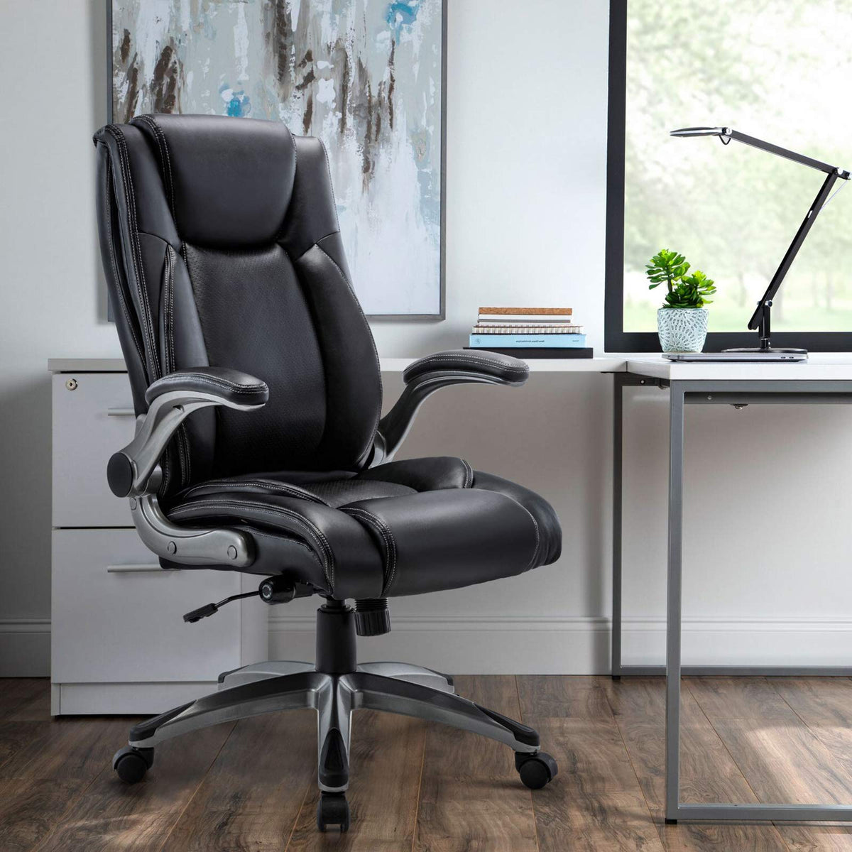 COLAMY High Back Executive Office Chairs, Ergonomic PU Leather Desk Chairs with Flip-Up Armrests, Adjustable Height, Lumbar Support, Comfortable Computer Chairs for Home Office, Set of 2