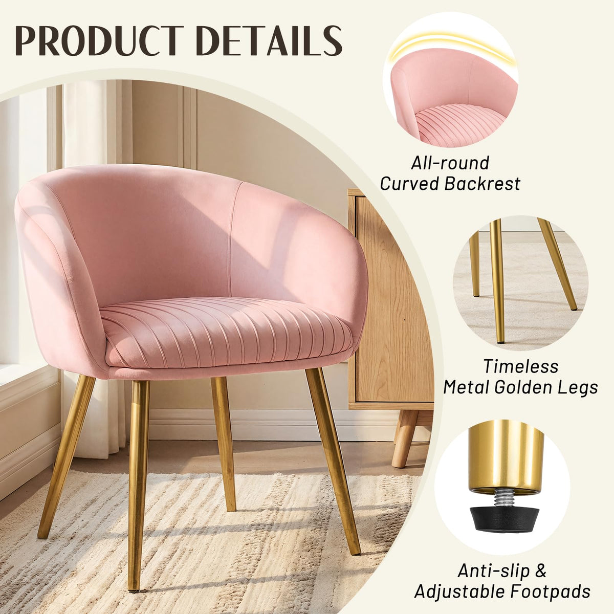 Accent Velvet Makeup Vanity Chairs Set of 2 Boucle Modern Tufted Girls Desk Chair No Wheels with Gold Metal Legs, 20" Extra Wide Armchair for Bedroom Bathroom Dining Room Living Room, Cream Beige