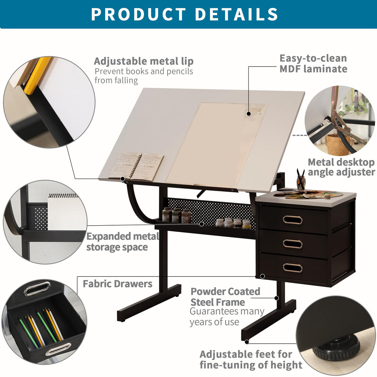 Adjustable Drafting Table with Stool, 0-75Â° Tilting Art Desk, White