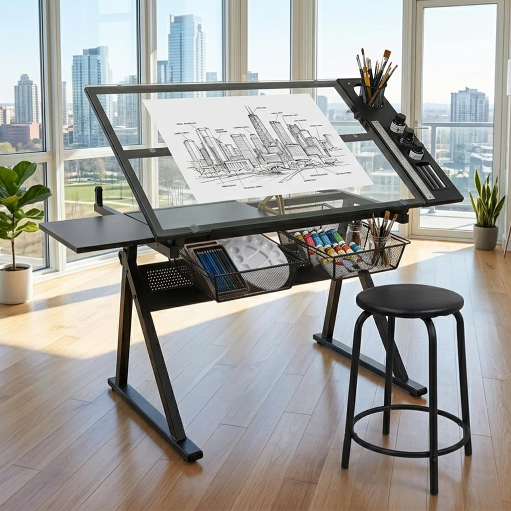 Adjustable Drafting Table, Tiltable Art Drawing Desk with 2 Storage Drawers & Stool, Multi-Functional Art Workstation for Artist Painting Craft Reading Writing (Black-B)