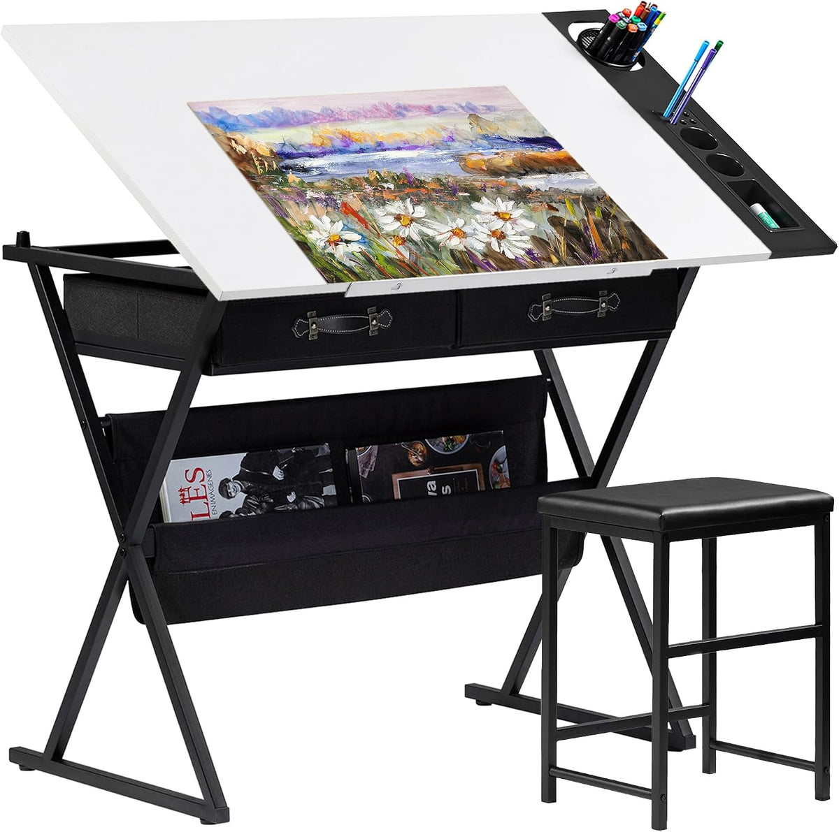 VECELO Drafting Table Art Desk Art Table Adjustable Drawing Table Tilted Tabletop with 2 Storage Drawers and Stool, Drawing Desk for Artist Painters Drawing, Crafting, Reading, Writing, White
