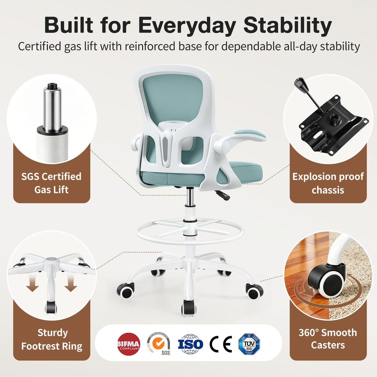 Drafting Chair, Tall Office Chair for Standing Desk with Flip-Up Armrests, Adjustable Foot Ring & Lumbar Support, Breathable Mesh High Desk Stool for Studio & Drafting Table, Black