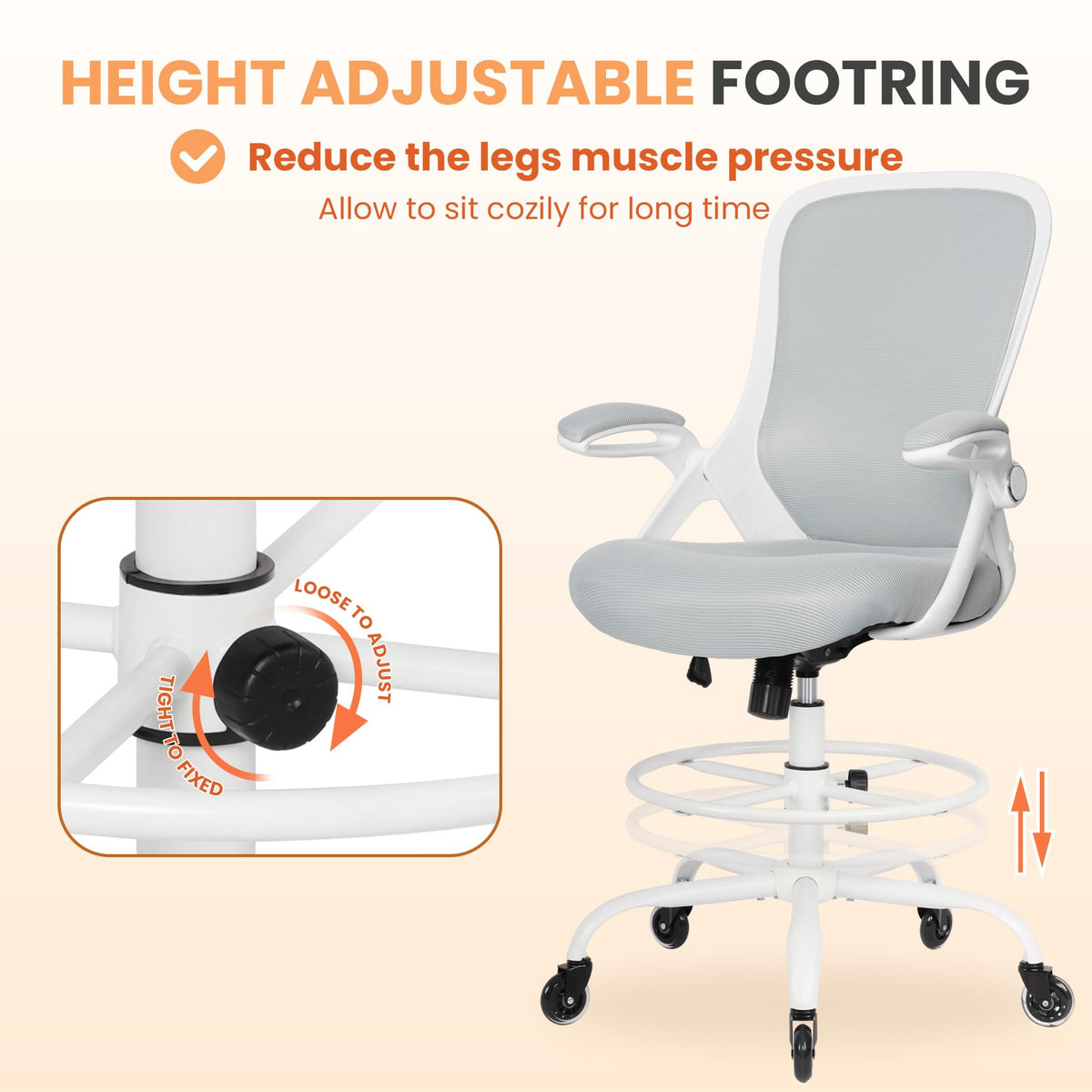 HYLONE Drafting Chair Adjustable, Tall Office Chair Lumbar Support Ergonomic Standing Desk Chair Heavy Duty Tall Drafting Stool for Artists with Footrest Home Office Drafting Stool
