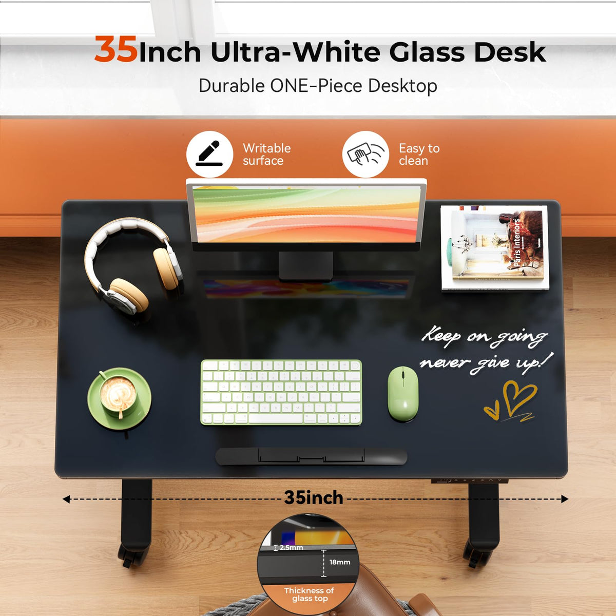 35" Glass Standing Desk, 90Â° Tilt Height Adjustable Drafting Table