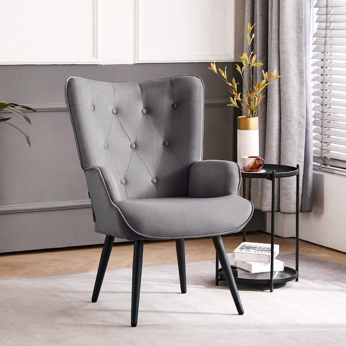 Furniliving PU Leather Accent Chair for Living Room, Upholstered Reading Chair with High Backrest, Tufted-Button Wingback Armchair for Bedroom, Dressing Room, Home Office, Brown, Set of 2