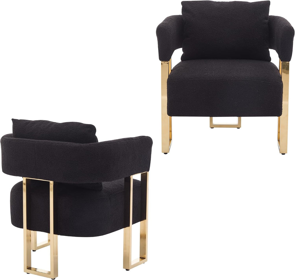 YISHENG Modern Barrel Accent Chairs Set of 2, Living Room Side Chairs with Golden Metal Legs Soft Upholstered Reading Armchairs no Wheels for Vanity/Reception Room//Bedroom/Lounge/Office,Black Teddy