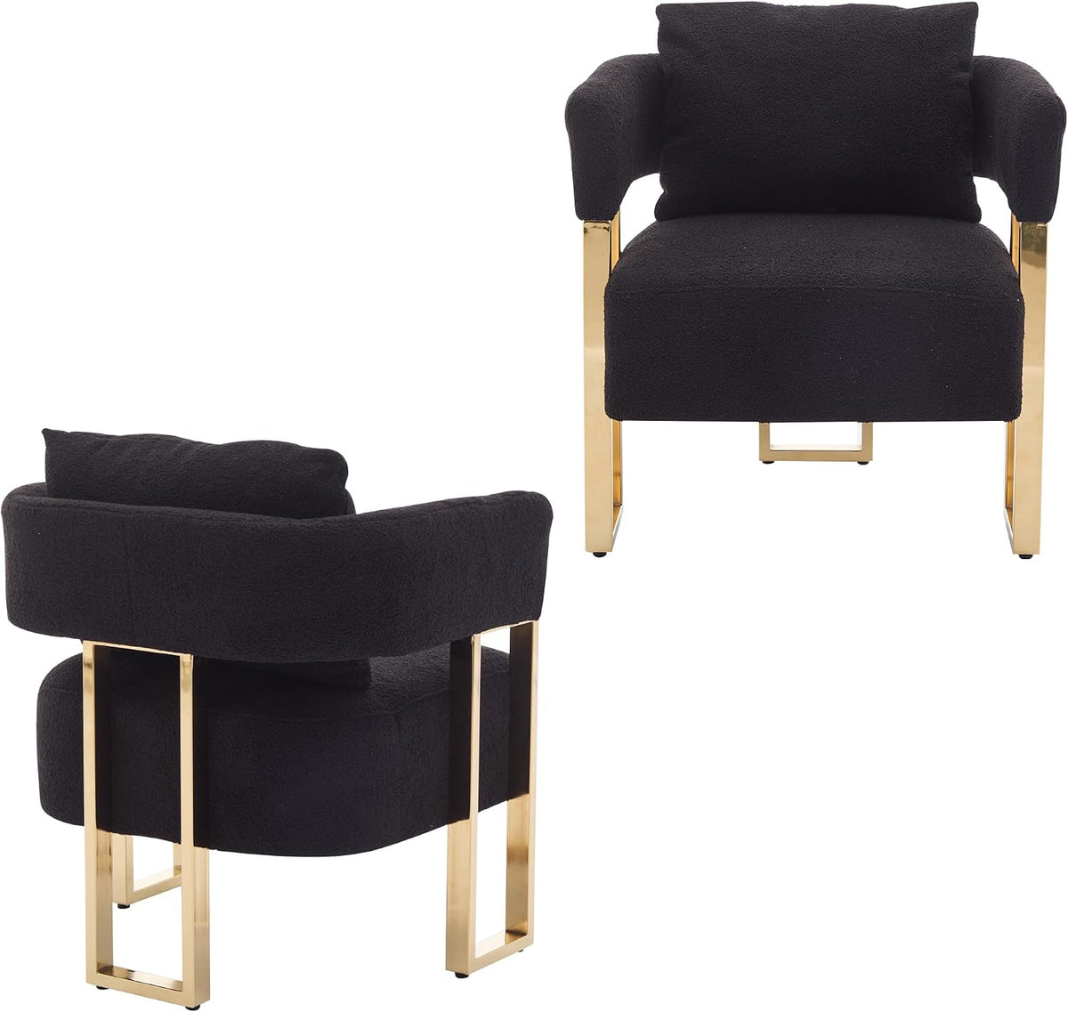 YISHENG Modern Barrel Accent Chairs Set of 2, Living Room Side Chairs with Golden Metal Legs Soft Upholstered Reading Armchairs no Wheels for Vanity/Reception Room//Bedroom/Lounge/Office,Black Teddy