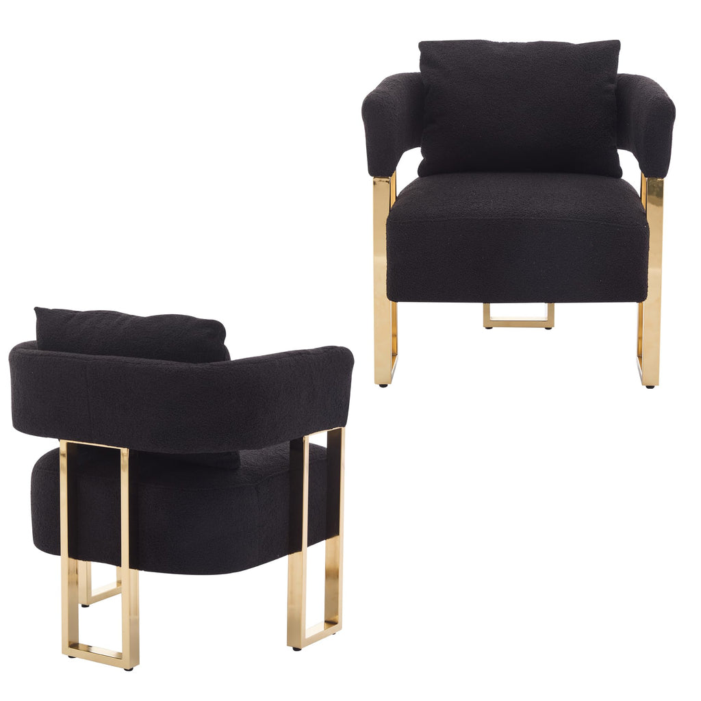 YISHENG Modern Barrel Accent Chairs Set of 2, Living Room Side Chairs with Golden Metal Legs Soft Upholstered Reading Armchairs no Wheels for Vanity/Reception Room//Bedroom/Lounge/Office,Black Teddy