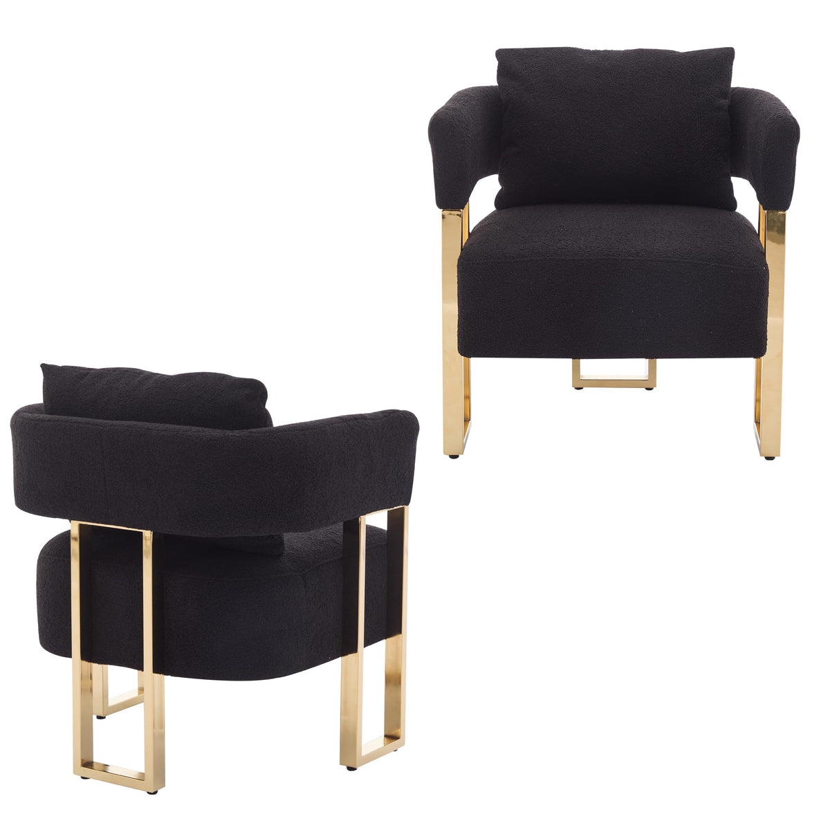 YISHENG Modern Barrel Accent Chairs Set of 2, Living Room Side Chairs with Golden Metal Legs Soft Upholstered Reading Armchairs no Wheels for Vanity/Reception Room//Bedroom/Lounge/Office,Black Teddy