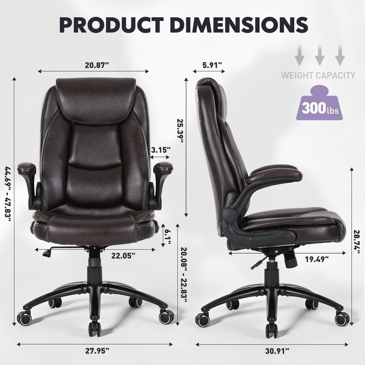 300lbs Capacity Executive Desk Chair with Ergonomic Lumbar Support, Flip-up Arms & High Back Leather Computer Chair for Home/Office, Black