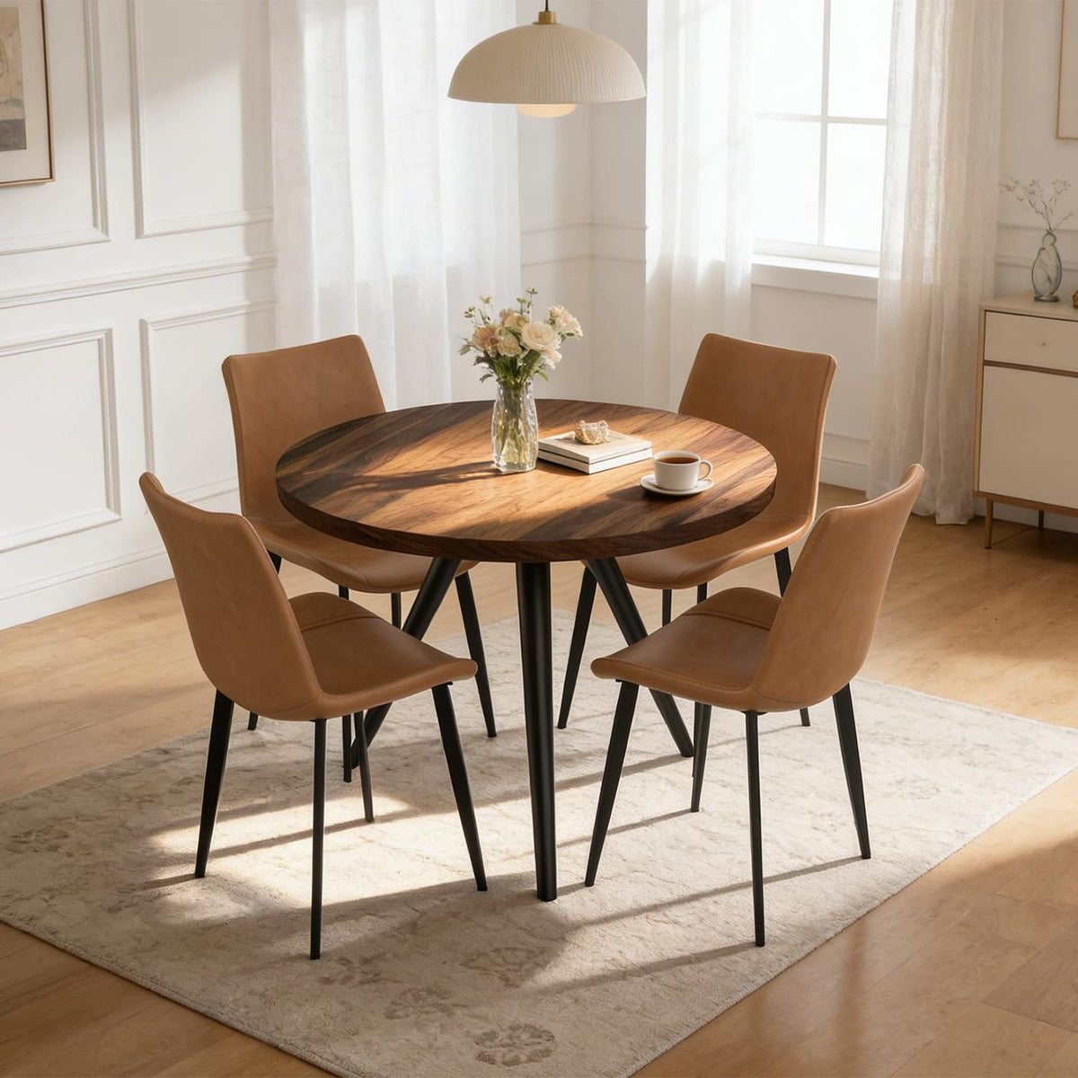 34.6" Round Dining Table Set for 4, Modern Kitchen Coffee Table Set, Walnut