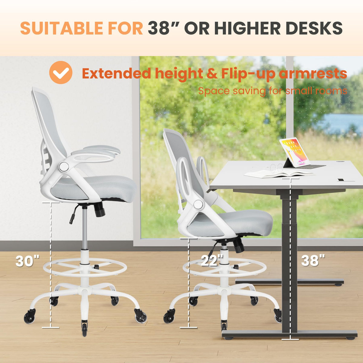 HYLONE Drafting Chair Adjustable, Tall Office Chair Lumbar Support Ergonomic Standing Desk Chair Heavy Duty Tall Drafting Stool for Artists with Footrest Home Office Drafting Stool