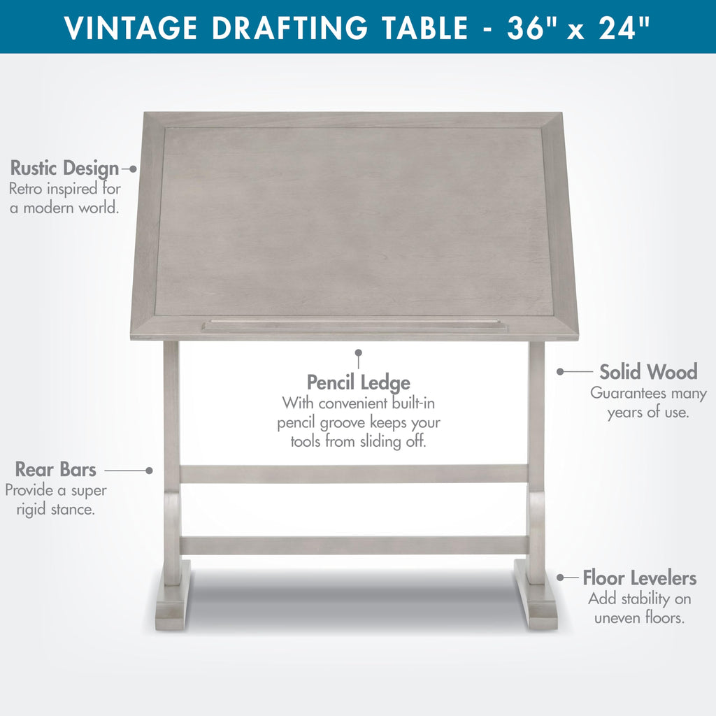 Studio Designs Vintage Drafting Table - Antique Design Solid Wood Drafting Table with Built-In Pencil Groove and Pencil Ledge - Angle Adjustable Work Surface