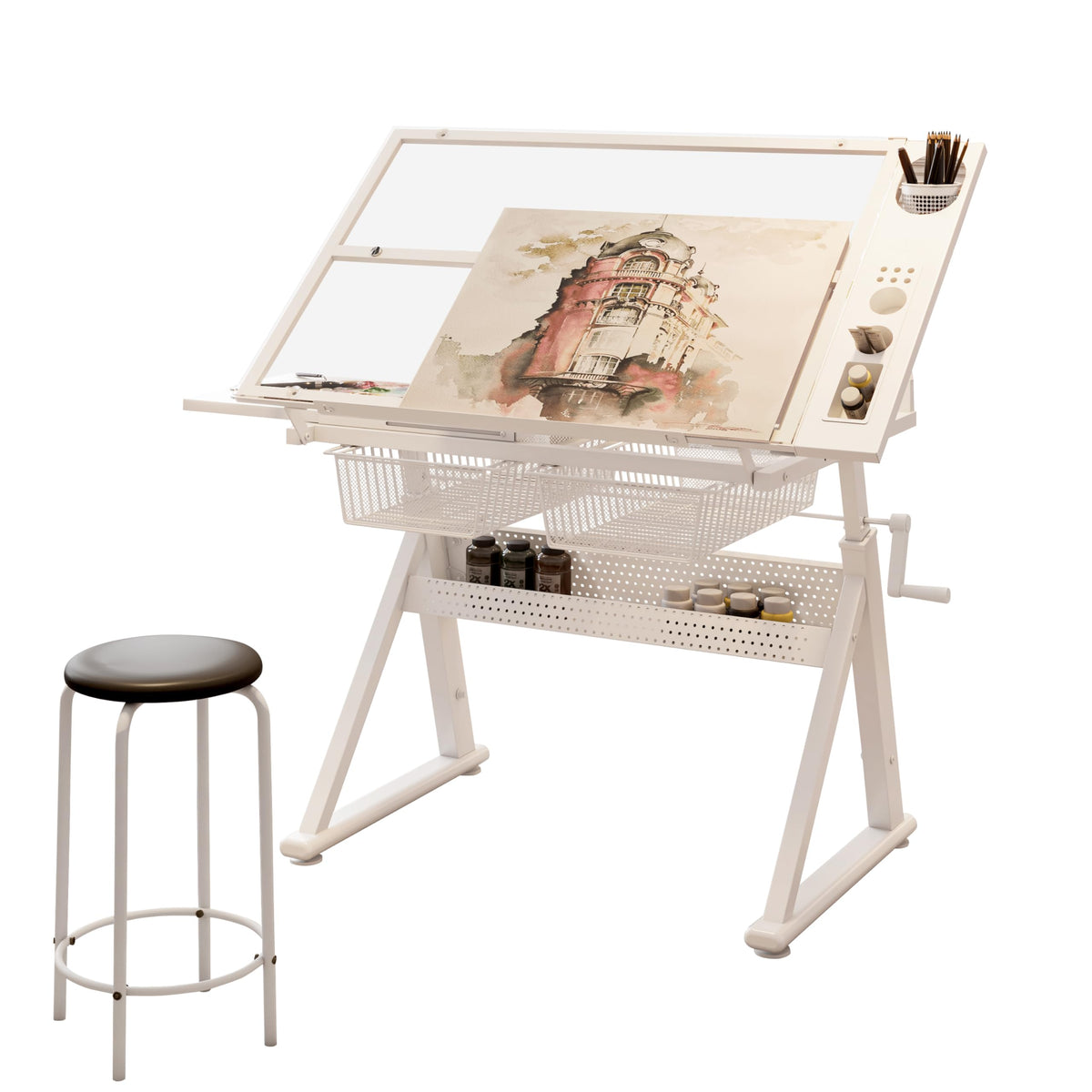 Drafting Table with Storage and Stool, Glass Art Desk for Adults Adjustable Height with 2 Metal Drawers, Craft Drawing Table Artist Desk with Extra Desktop for Reading/Writing/Studying (Black)