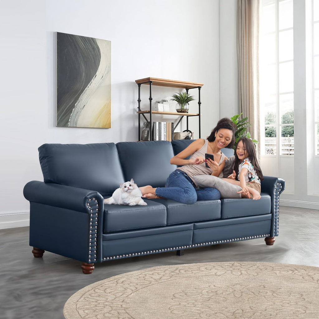 2 Piece Faux Leather Sofa Set,Modern Couch and Loveseat Sets with Storage,Mid Century Couch with Rivet Rolled Arm,Comfy Deep Seat Sofa,Furniture for Living Room,Office(Loveseat+3 Seater,Navy)