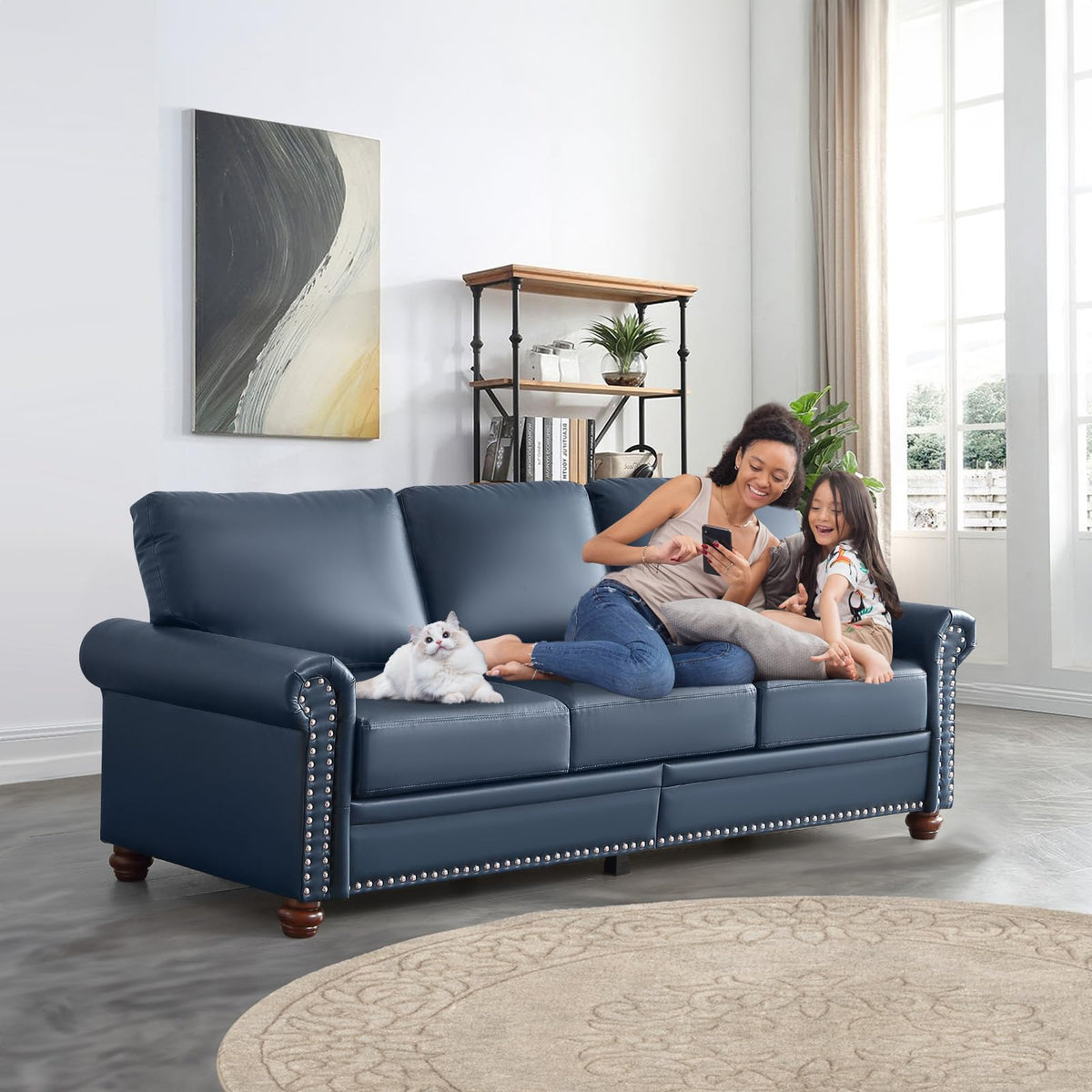 2 Piece Faux Leather Sofa Set,Modern Couch and Loveseat Sets with Storage,Mid Century Couch with Rivet Rolled Arm,Comfy Deep Seat Sofa,Furniture for Living Room,Office(Loveseat+3 Seater,Navy)