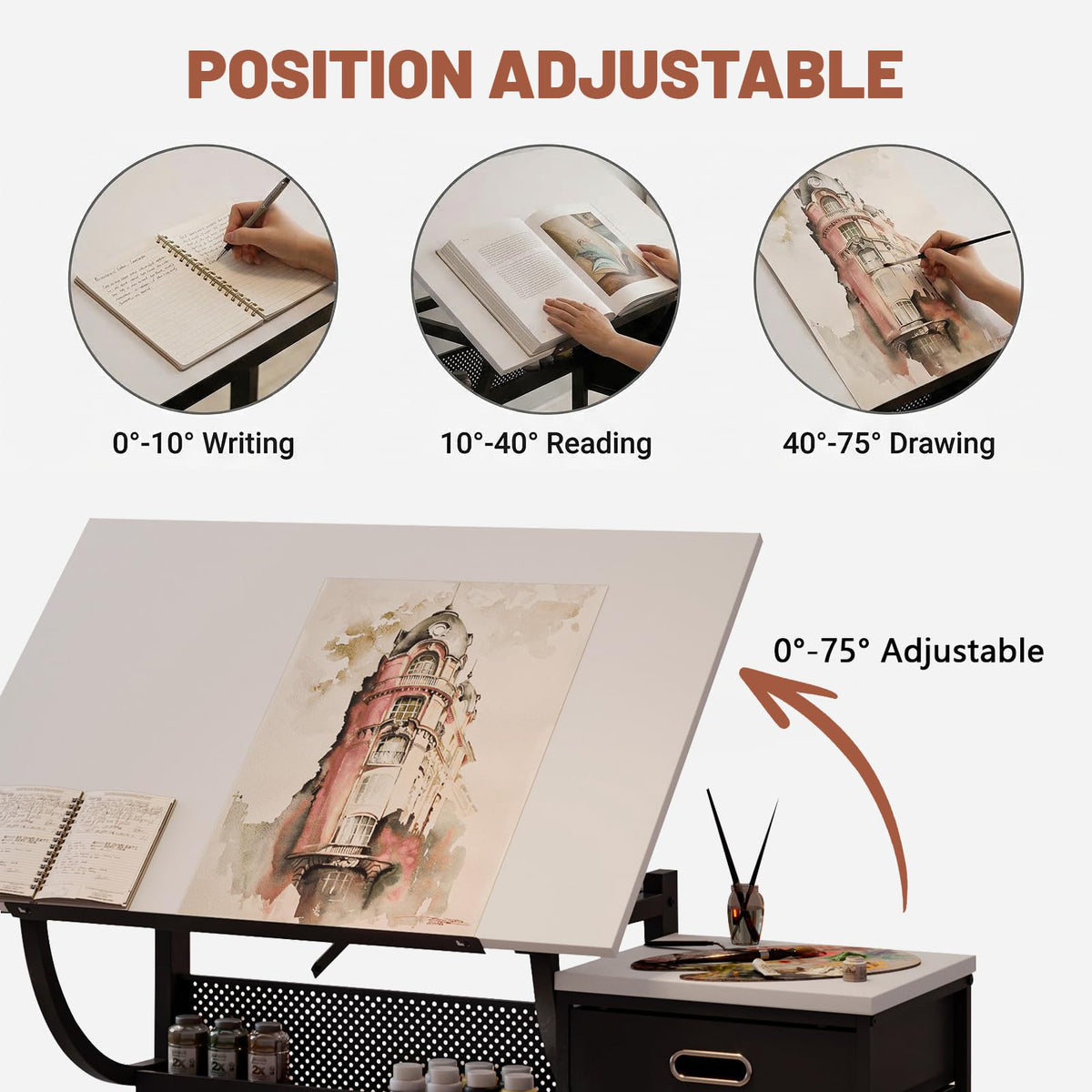 Drafting Table and Stool Set for Adults/Artists, Drawing Table with Adjustable Tabletop and Height, Art Workstation for Painters Crafting Reading Writing Home Office, All White