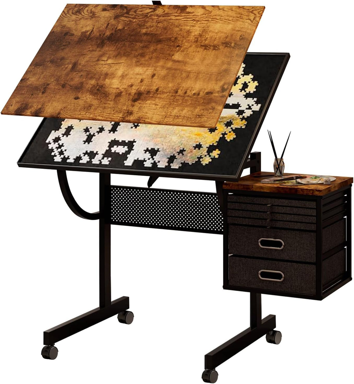 2 in 1 Puzzle Table Double-Sided with Wheels, Adjustable Drafting Desk with Drawers, Felt Storage Trays,, Art Table with 75Â° Tilted Tabletop, Painting Work Station for Home Office, Crafting, Brown