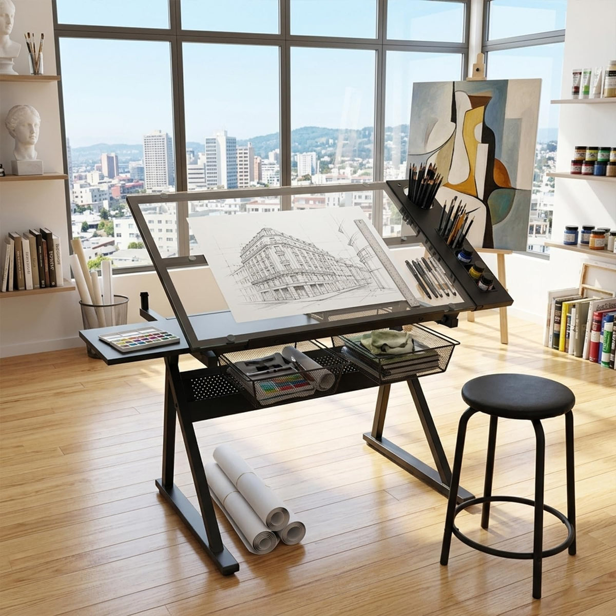 Adjustable Drafting Table, Tiltable Art Drawing Desk with 2 Storage Drawers & Stool, Multi-Functional Art Workstation for Artist Painting Craft Reading Writing (Black-B)