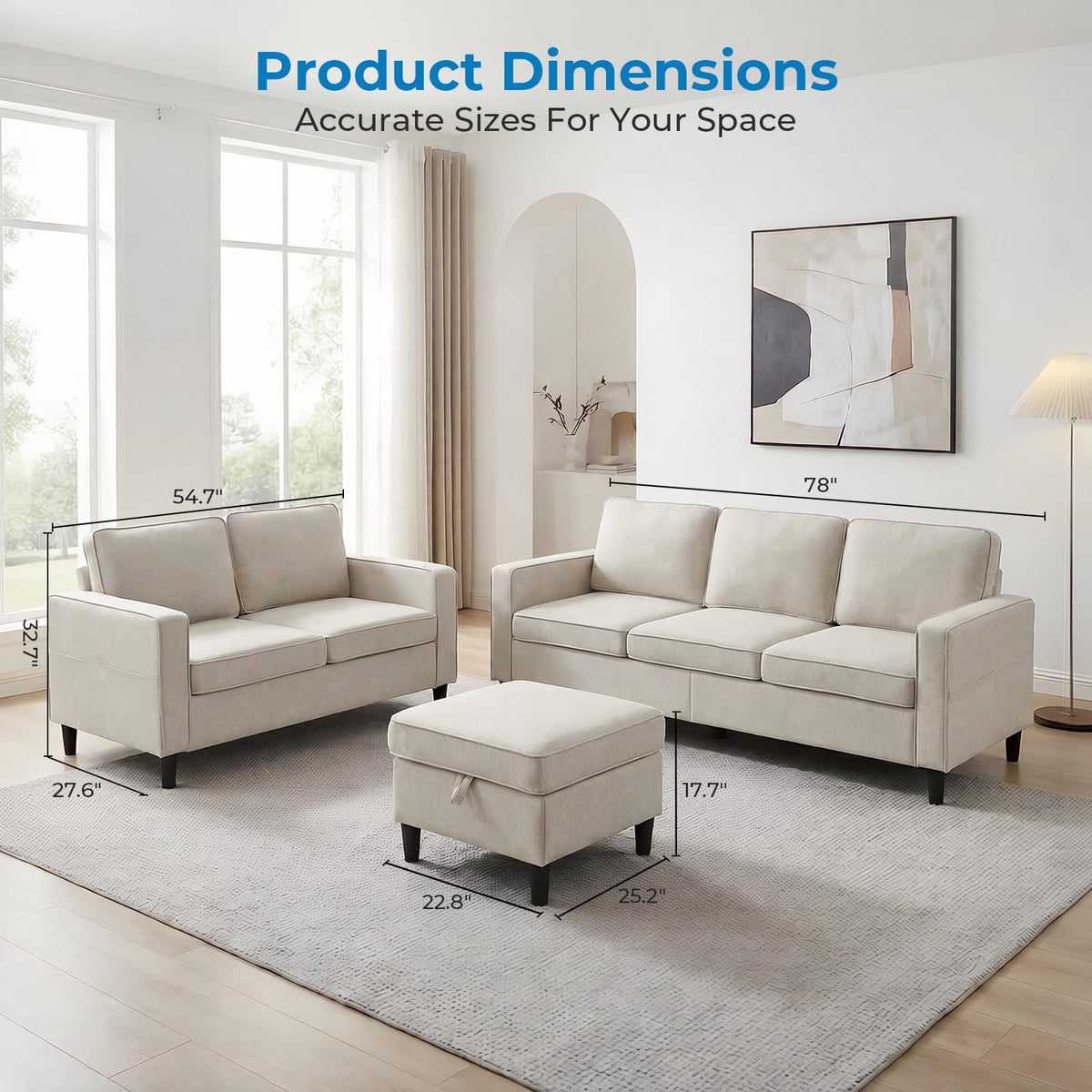 Mjkone 78"W 3 Pieces Sofa Couches Set for Living Room Sets Furniture, Sectional L Shaped 3-Seater Small Sofas Couch and Loveseat Sets with Storage Ottoman and Side Pockets for Home Office, Light Gray