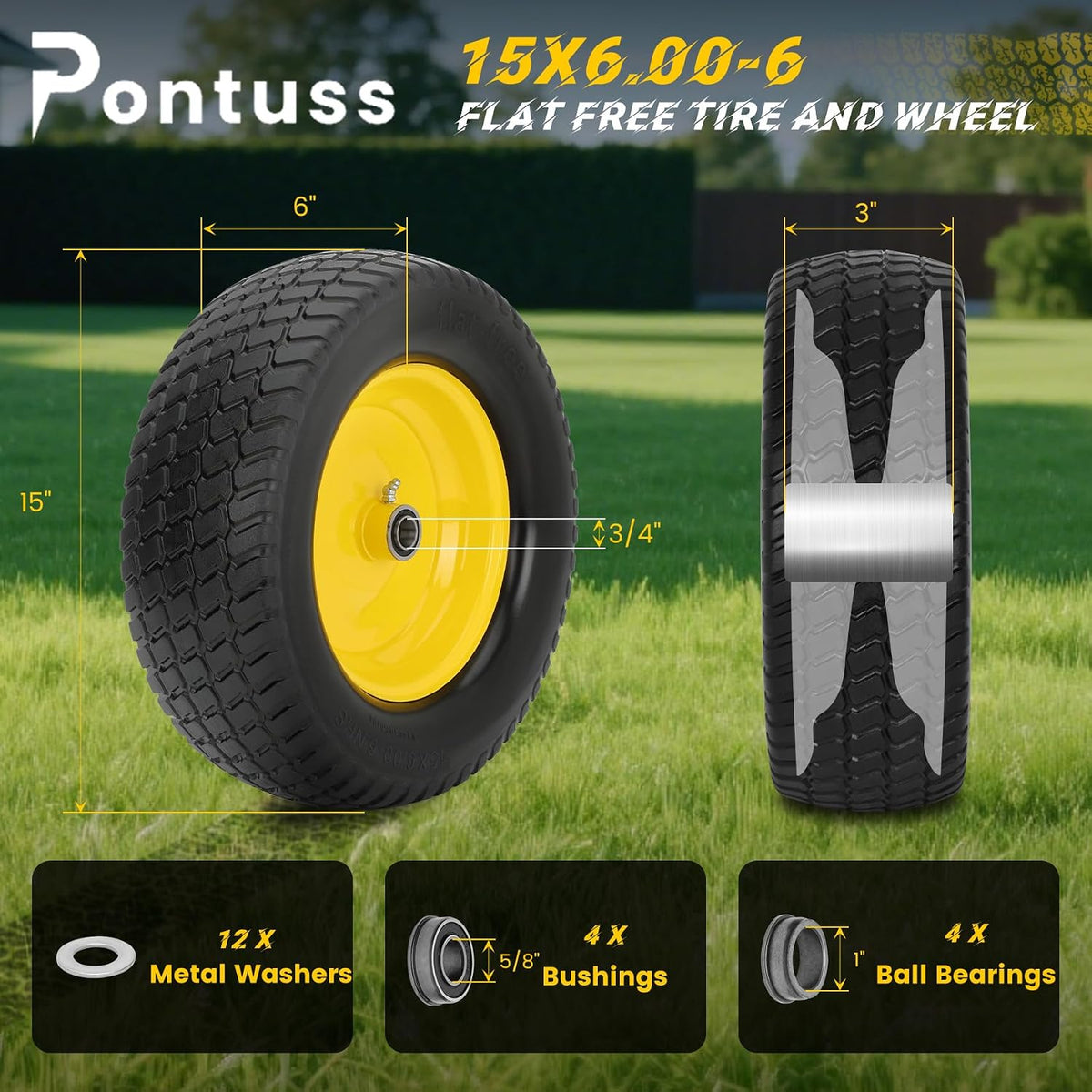 2 Pack 15x6.00-6 Flat Free Lawn Mower Tire and Wheel, 15" Solid Front Tires with 3" Centered Hub, 3/4" & 5/8" Bearings and 1" Bushings, Compatible with John Deere Husqvarna Riding Mowers Lawn Tractors