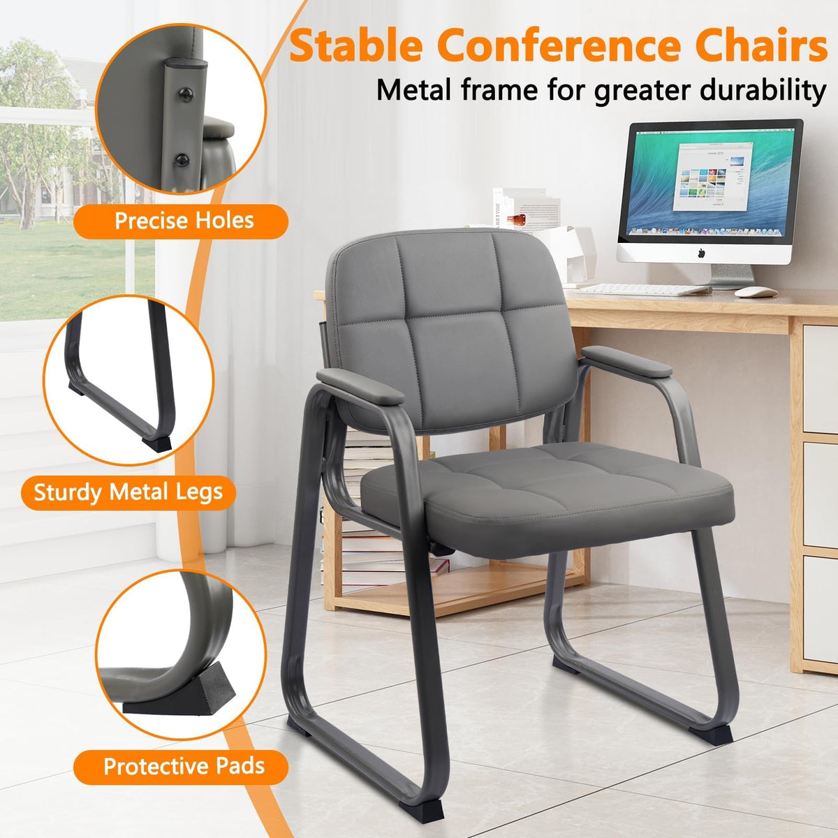 CLATINA Waiting Room Guest Chair with Bonded Leather Padded Arm Rest for Office Reception and Conference Desk Black with Sled Base Brown 1 Pack