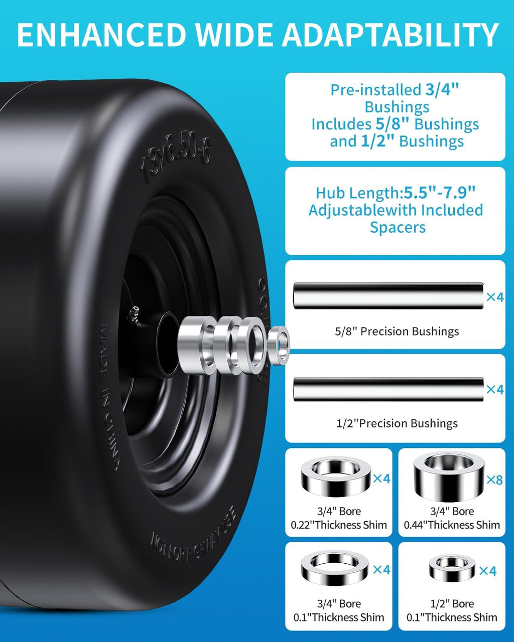 13x6.50-6" Flat Free Lawn Mower Tires, Universal Fit Solid Front Tires for Zero Turn Mowers, Adjustable Hub with 3/4" & 5/8" Bearings for Residential & Commercial Use, 2 Pack, Large Bearing Design