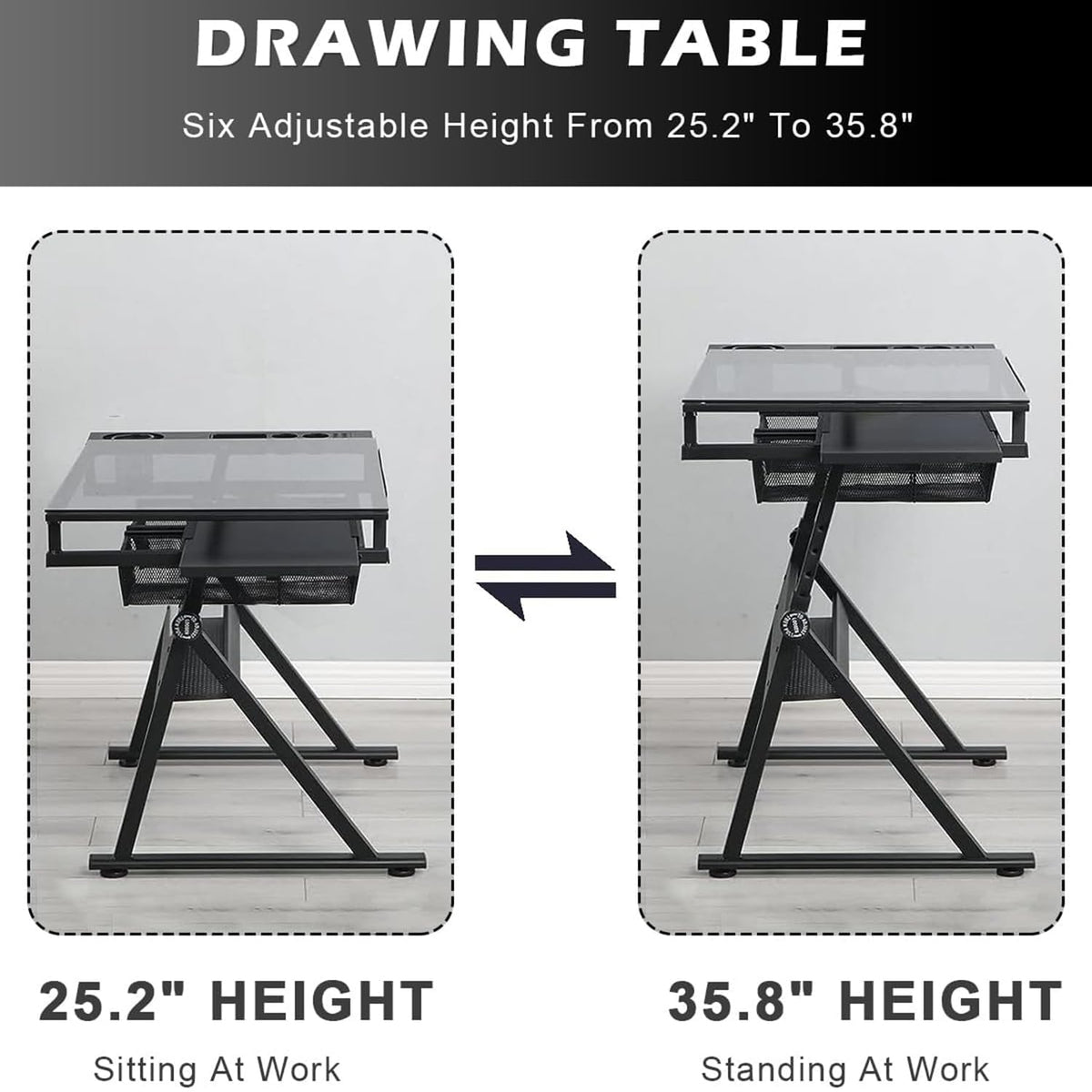 Drafting Table, Adjustable Height Drawing Table Art Table Painting Table Art Craft Desk with 0-75Â° Tilting Glass Tabletop and Storage Drawers, Black