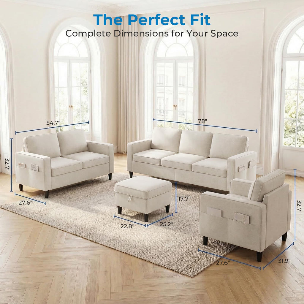 Mjkone 78"W 3 Pieces Sofa Couches Set for Living Room Sets Furniture, Sectional L Shaped 3-Seater Small Sofas Couch and Loveseat Sets with Storage Ottoman and Side Pockets for Home Office, Light Gray